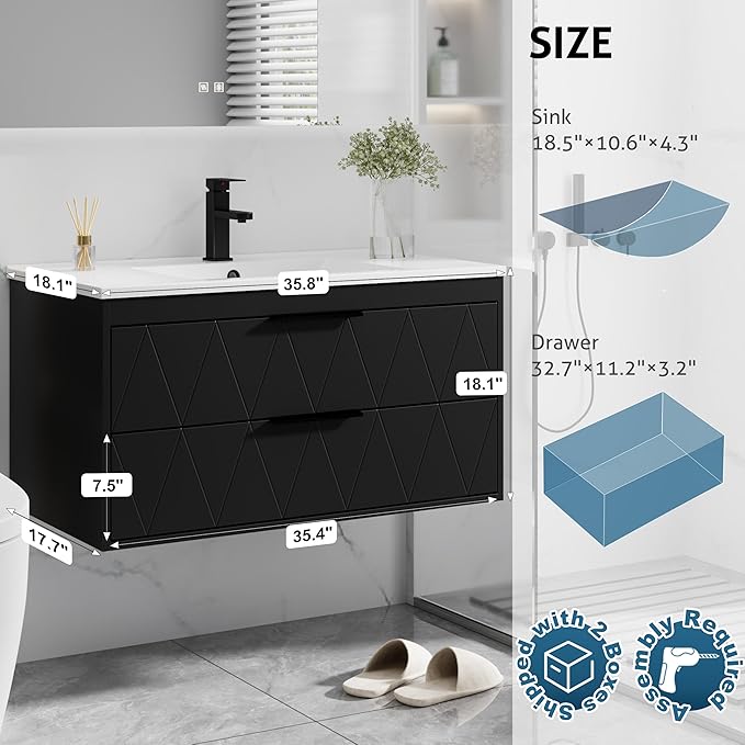 eclife 36" Bathroom Vanities Cabinet with Sink Combo, Wall Mounted Floating Cabinet W/Decor Line, Soft-Close System, 2 Extra Big Drawers, Matte Black Faucet, Black