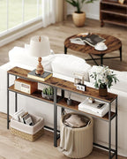 VASAGLE Console Table, 2-Tier Narrow Sofa Table with 2 Shelves, 7.9 x 31.5 x 31.5 Inches, for Living Room, Hallway, Entryway, Rustic Brown and Ink Black ULNT130K01V1
