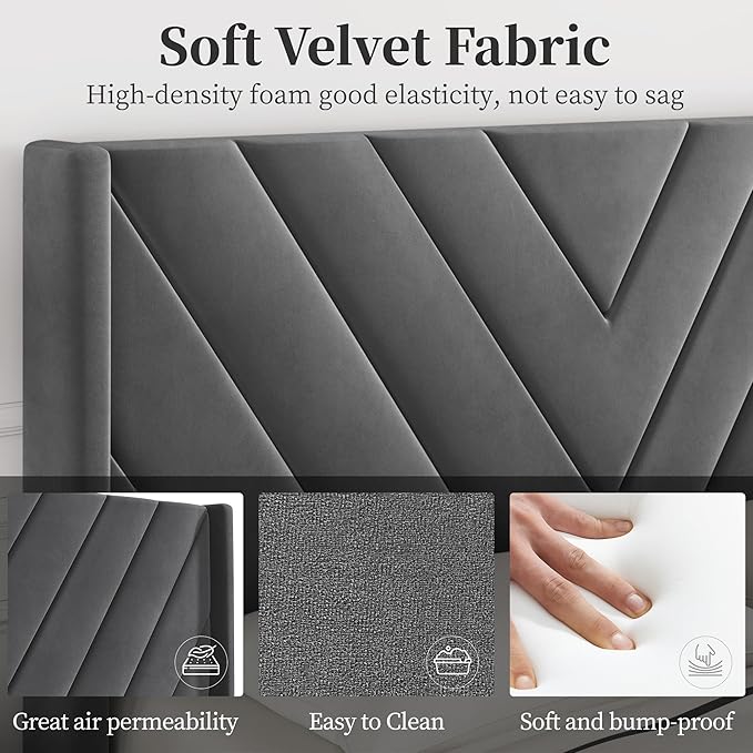 Yaheetech Queen Bed Frame Upholstered Platform Bed with Wing Side/Wooden Slat Support/Tufted Headboard with Wing Side/Mattress Foundation/No Box Spring Needed,Dark Gray Queen Bed