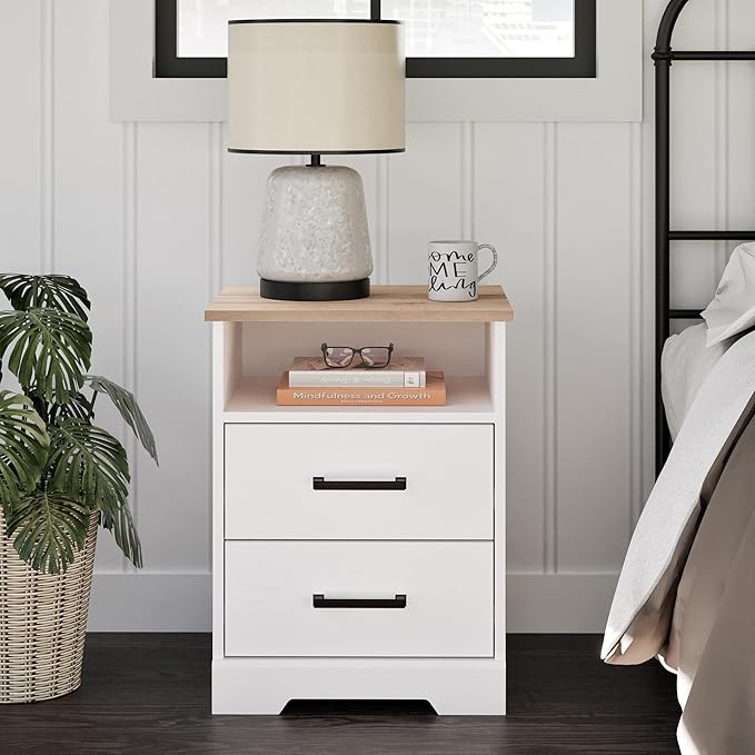Prepac Rustic Ridge Farmhouse Nightstand Bedside Table, White and Oak Nightstand for Bedroom, End Table with 2 Drawers and Open Shelf 16.25" D x 18.75" W x 24.5" H