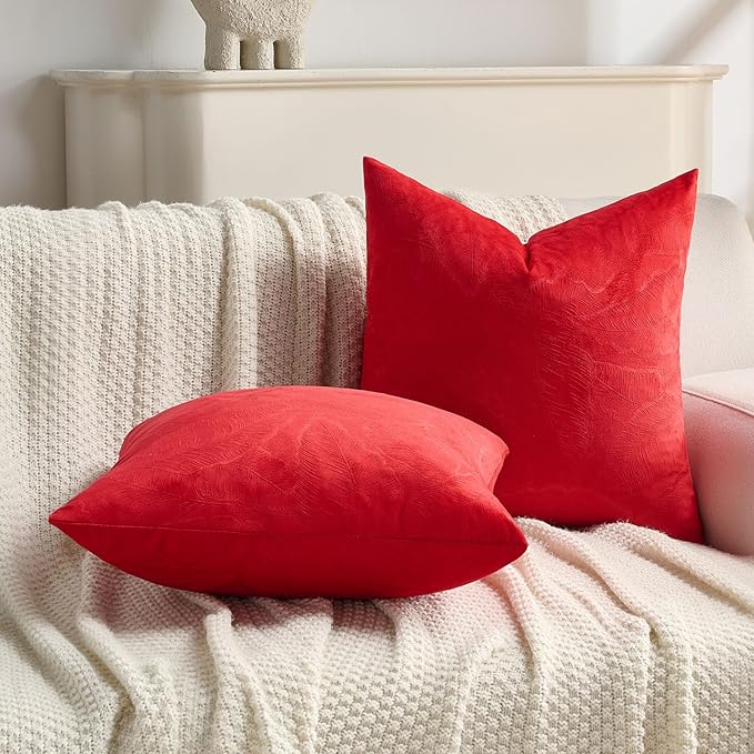FUTEI Christmas Red Velvet Throw Pillow Covers 16x16 Inch Set of 2,Soft Embossed Leaf-Relief Textured Cushion Cases,Natural Home Decor for Couch Living Room