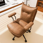 Brown Leather Office Chair with Wheels, Triple-Layers Thicken Wide Seat Height Adjustable, Mid-Century Modern Comfy Desk Chair for Home, Office
