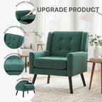 Mid-Century Modern Accent Chair, Plush Linen Fabric with Button Tufted High Back & 5" Thick Cushion, High Comfort Reading Chair for Living Room, Bedroom, Office (Green)