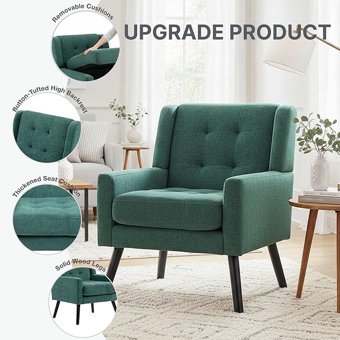 Mid-Century Modern Accent Chair, Plush Linen Fabric with Button Tufted High Back & 5" Thick Cushion, High Comfort Reading Chair for Living Room, Bedroom, Office (Green)
