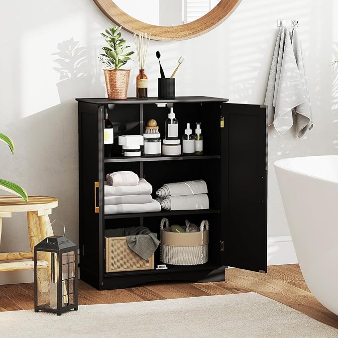 Tangkula Bathroom Floor Storage Cabinet, 31.5" H Freestanding Pantry Cabinet with 2 Doors and Adjustable Shelves, Kitchen Cupboard for Living Room, Dining Room, Bathroom (Black, 31.5" H)