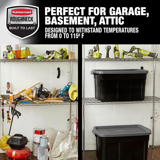 Rubbermaid Garage Storage Bins Black Plastic Stackable Storage with 3-Pack 31 GAL Capacity, Totes for Storage Home Organization Durable - Heavy Duty (31 GAL - 3 Pack Solid Black and Grey)