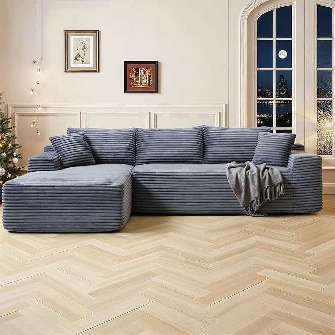 108 Inch Cloud Sectional Couch,Modern Modular Sectional Sofa with Deep Seat,Corduroy Boneless Couches with L-Shape Chaise for Living Room,No Assembly Required (Grey, Left Facing Chaise)