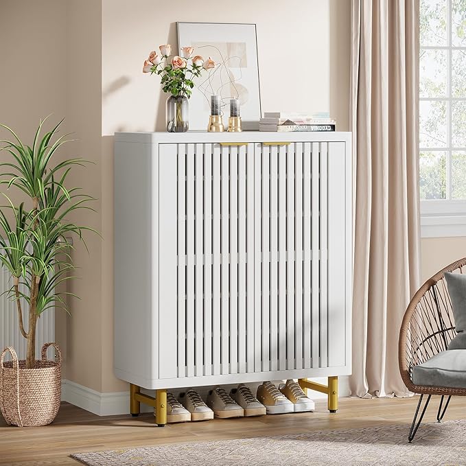 Tribesigns Shoe Cabinet with Shutter Doors, 6-Tier Entryway Shoe Cabinet with Adjustable Shelves, Wooden Modern Rack Organizer for Entryway, Hallway, Closet, Living Room, White