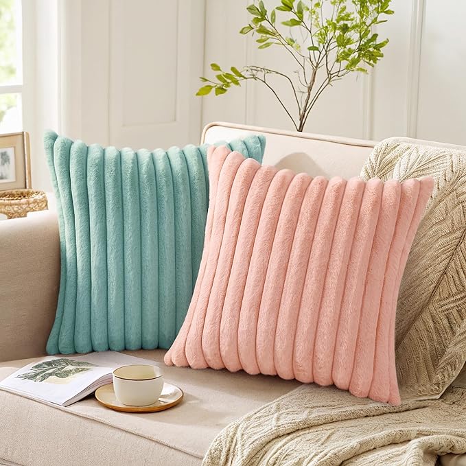 Pallene Faux Fur Plush Lumbar Throw Pillow Covers 12x20 Set of 2, Luxury Soft Fluffy Striped Decorative Pillow Covers for Sofa, Couch, Living Room, Pink