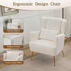 Fabric Accent Living Room Arm Chair with Pillow & Golden Legs, 8.5" Thick Cushion, Mid Century Modern Wingback Chairs Upholstered Comfy Sofa Armchair for Reading Room/Bedroom, White