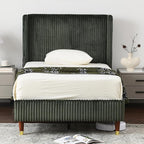 PINJU Twin Size Bed Frame, Upholstered Platform Bed with Modern Vertical Striped Wingback Headboard with Wooden Slats, Easy to Assemble No Noise Free (Green, Twin)