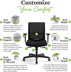 HON Convergence Ergonomic Office Chair, Breathable Back Support Mesh, Adjustable Arms, Computer Chair with Lumbar Support, Rolling Swivel Wheels, Comfortable Synchro-Tilt Recline, Fabric, Indigo