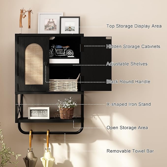 RUSTOWN Rattan Bathroom Wall Cabinet, Boho Over The Toilet Storage Cabinet with Arched Rattan Doors, Modern Medicine Cabinet with Adjustable Shelves & Towel Bar (Black, Small)