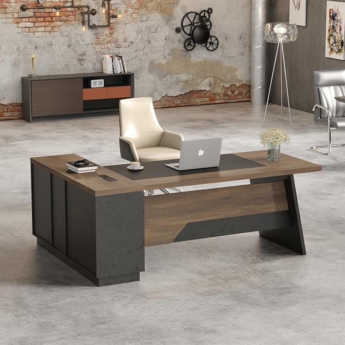 L Shape Executive Desk, Large Office Desk with Drawers & Shelves, 78.74 Inches Industrial Wooden Desk with Storage, Modern Computer Desk for Home Office, Black and Brown, Right Side