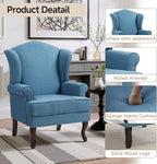 Pia Ricco Set of 2 High Back Accent Chairs: Upholstered Fabric Armchairs with Solid Wood Legs - Retro Living Room Pair, Comfy Reading Sofa Seats-Ocean Blue