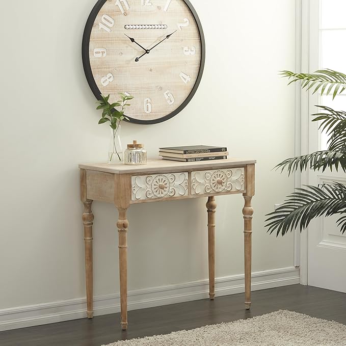 Deco 79 Wood Floral Intricately Carved 2 Drawers Console Table, 36" x 16" x 33", Brown