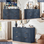 LEYAOYAO Fluted 6 Drawers Dresser Set of 2, 48" Wide Modern Chest of Drawers with Wood Grain Top, Curved Profile Design, Dresser TV Stand, Wooden Drawer Organizer for Bedroom, Living Room,Hallway,Blue