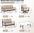 5 Piece Metal Outdoor Patio Furniture Set, Patio Conversation Sets 3-Seater Sofa, 2-Seater Sofa, 2 Swivel Chair with 5.75" Thick Cushion & Coffee Table Black Backyard Furniture, Beige