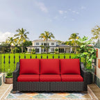 77'' Patio Sofa, All Weather Outdoor Rattan Wicker 3-Seat Sofa High Back Couch with Premium Cushions for Garden Backyard Porch(Brown/Red)