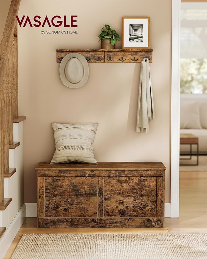 VASAGLE Storage Chest, Storage Trunk with 2 Safety Hinges, Storage Bench, Shoe Bench, Farmhouse Style, 15.7 x 39.4 x 18.3 Inches, for Entryway, Bedroom, Living Room, Rustic Brown ULSB164K01