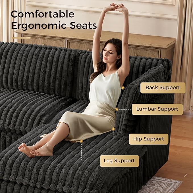 KKL Modular Sectional Couch for Living Room, V Shaped Corduroy Couches with Corner Seat, 5 Seater Oversized Sofa Convertible to Sleeper, Soft Fabric Modern Sofa, Black