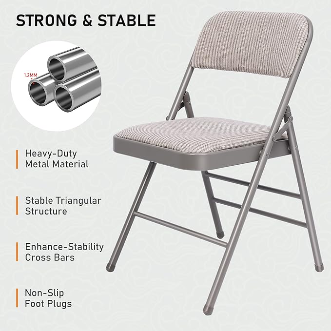 SEALAMB 4 Pack Fabric Folding Chairs with Padded Seats & Cushion, Metal Foldable Chairs for Wedding Party, Commercial Chairs for Office School Church Events, 350lb Capacity (Gary-Fabric, 4 Pack)