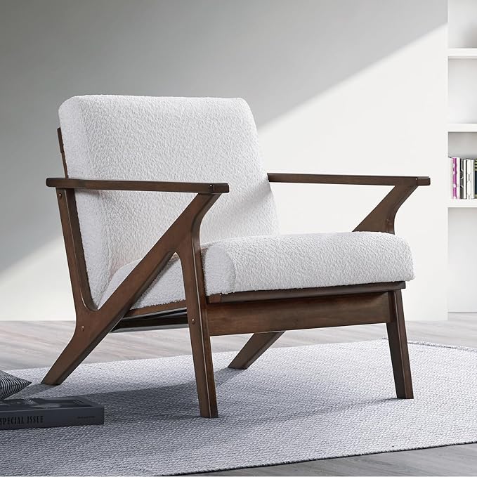 Zola Mid Century Modern Accent Chair Arm Chair: The Perfect Reading, Living Room, and Bedroom Chairs for Modern Home Furniture Use! Solid Wood Frame, White Boucle/Walnut