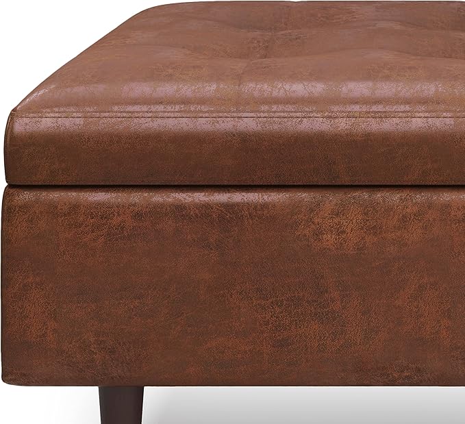 SIMPLIHOME Shay 38 inch Wide Mid Century Modern Large Square Coffee Table Storage Ottoman in Distressed Saddle Brown Vegan Faux Leather, Assembled, For the Living Room, Entryway and Family Room