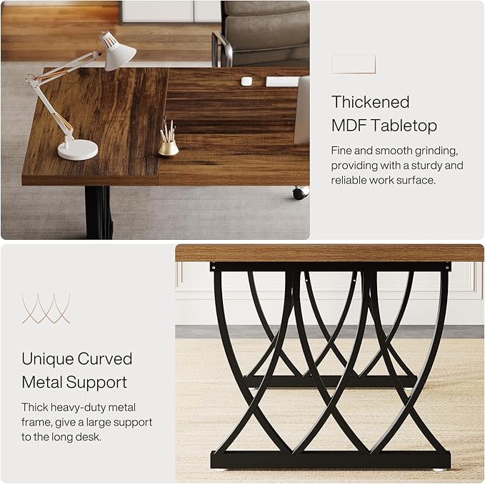 Tribesigns 70.86-Inch Executive Desk, Large Home Office Desk Computer Desk with Thick Metal Frame, Rectangle Study Writing Table Workstation for Home Office (Retro Brown & Black)