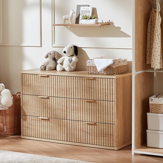 LEYAOYAO Fluted 6 Drawers Dresser, 48" Wide Modern Chest of Drawers with Wood Grain Top, Curved Profile Design, Dresser TV Stand, Wood Drawer Organizer for Bedroom, Living Room, Hallway,Natural