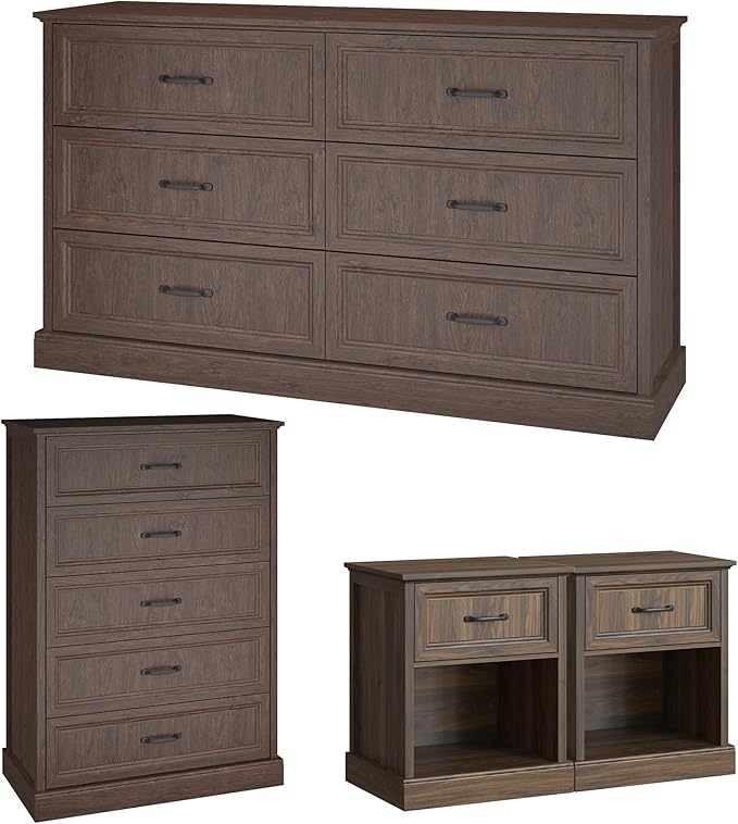 Bedroom Dresser and Nightstand Sets 4 Piece, Farmhouse 6 Drawers Dresser & 44" Tall Chest of Drawers, 23" Nightstands Set of 2, 55" Wide Furniture Dressers for Bedroom, Living Room, Brown