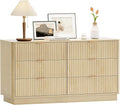 Fluted 6 Drawer Dresser for Bedroom, Mid Century Modern Wide Wood Dressers with Round Edge Design, Shallow Dresser Chest, Chests of Drawers for Bedroom, Living Room, Natural Oak