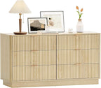 Fluted 6 Drawer Dresser for Bedroom, Mid Century Modern Wide Wood Dressers with Round Edge Design, Shallow Dresser Chest, Chests of Drawers for Bedroom, Living Room, Natural Oak