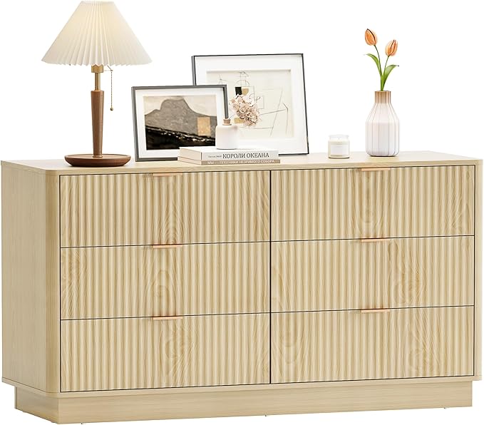 Fluted 6 Drawer Dresser for Bedroom, Mid Century Modern Wide Wood Dressers with Round Edge Design, Shallow Dresser Chest, Chests of Drawers for Bedroom, Living Room, Natural Oak