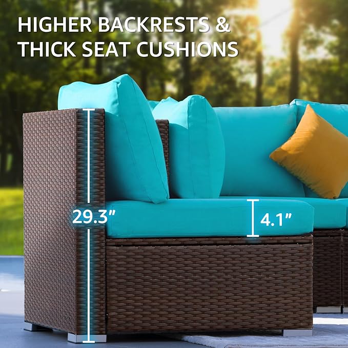 NICESOUL 9 Piece Patio Sectional Set with Firepit Natural Gas/Propane, 29.3'' High Back Tall Big Outdoor Conversation Couch Sets, Wide Sitting Furniture for Outside, Brown Rattan and Teal Cushion