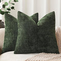 Foindtower Pack of 2 Soft Textured Chenille Throw Decorative Pillow Covers Square Accent Solid Cushion Cover Neutral Farmhouse Pillow Case for Couch Sofa Bedroom Living Room 22x22 Inch,Dark Green