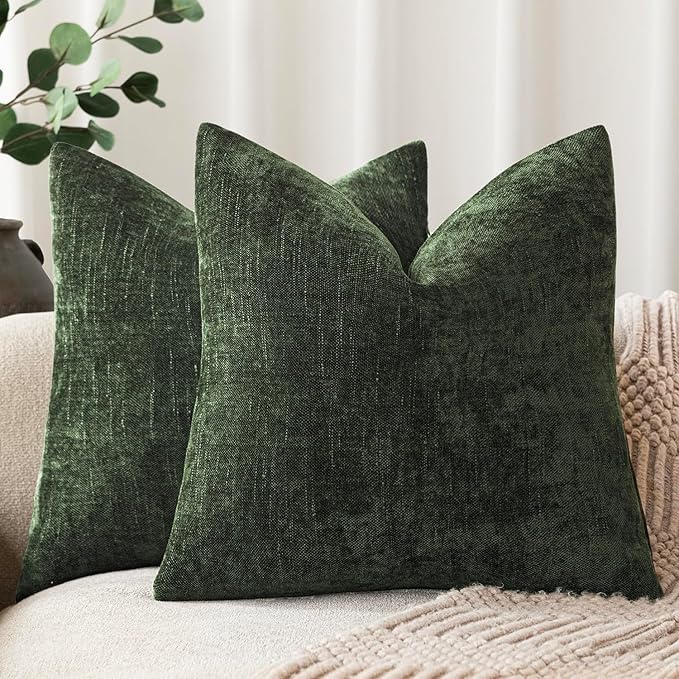 Foindtower Pack of 2 Soft Textured Chenille Throw Decorative Pillow Covers Square Accent Solid Cushion Cover Neutral Farmhouse Pillow Case for Couch Sofa Bedroom Living Room 22x22 Inch,Dark Green