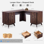 T4TREAM 60'' Fluted Executive L Shaped Desk, Modern Home Office Desk with Charging Station and File Drawer, Computer Corner Desks with Drawers & Storage Cabinet for Office Home, Bedroom, Dark Walnut