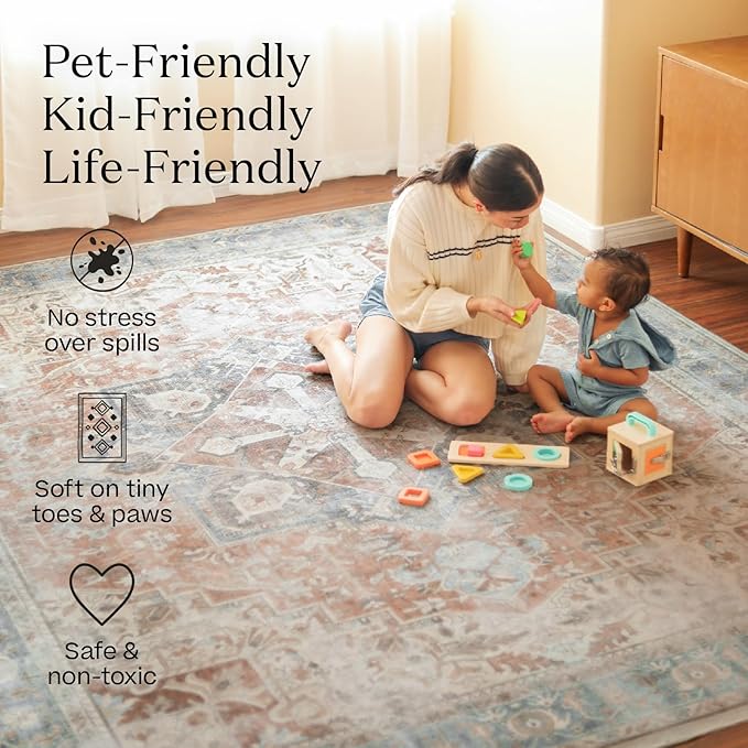 RUGGABLE x Jonathan Adler Machine Washable Modern Area Rug – Inkdrop Camel & Ivory 8x10, Stain-Resistant, Non-Slip – Large Rugs for Living Room, Bedroom, Hallway, Entryway & Office–with Standard Pad