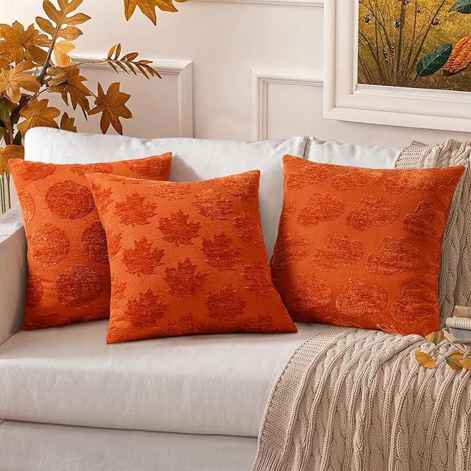 decorUhome Decorative Two Rust Pumpkins Thanksgiving Throw Pillow Covers 20x20 Set of 2, Soft Chenille Jacquard Farmhouse Textured Pillow Covers for Couch Bed Sofa Autumn Harvest Halloween Holiday