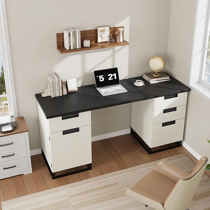 IDEALHOUSE Farmhouse Executive Desk, 59" Computer Desk, White Home Office Desks with File Drawer and Storage Cabinet, Wood Writing Desks for Home Office, Bedroom, White+Black
