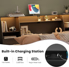 King Size Headboard Only for Bed, Wood Bookcase Headboard with Charging Station & 2 LED Lights, Modern King Bookshelf Headboard with Storage, Noise-Free, Sturdy and Durable, Black