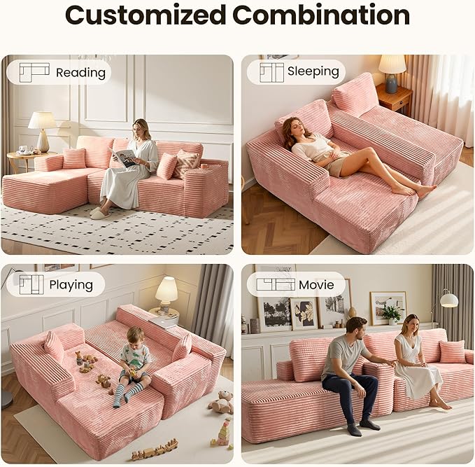 104" Cloud Sectional Couch with Chaise, Boneless L-Shaped Cloud Couch with Deep Seat, Soft Plush Modern Minimalist Sofa, Assembly Free Comfy Sofa for Office Living Room Apartment(Pink, Left Chaise)