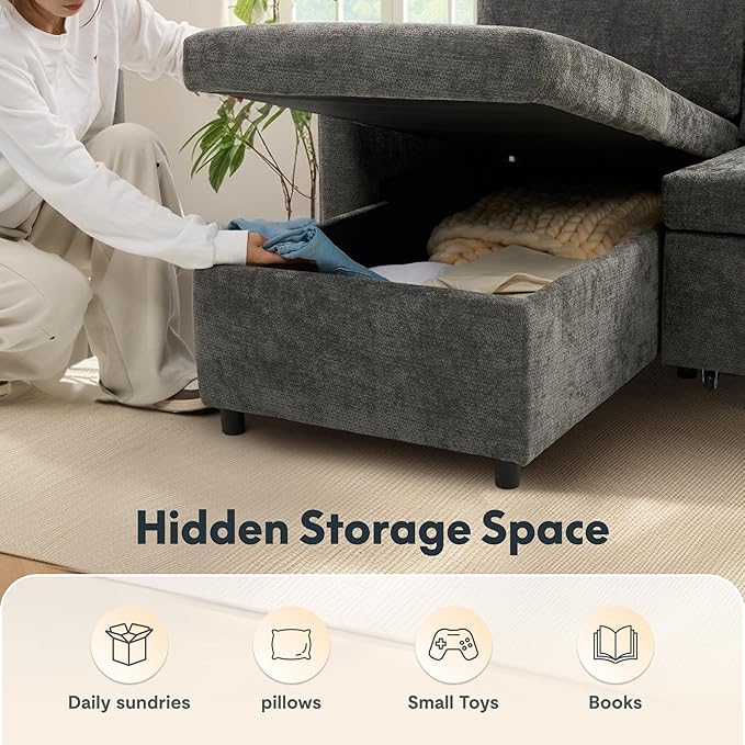 FLEXISPOT XB5 78" Pull Out Couch Bed with Storage Chaise,3-Seater Sectional Sofa Bed with USB Charging Ports, 2-in-1 Convertible Sofa Couch for Living Room Apartment, Easy to Assemble(Gray)