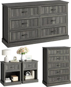 CARPETNAL Farmhouse Dresser and Nightstand Sets for Bedroom, 4 Pcs Bedroom Set, 5 Drawer & 6 Drawer Dresser and Nightstand Set of 2, Wood Chest of Drawers for Living Room, Entryway, Grey
