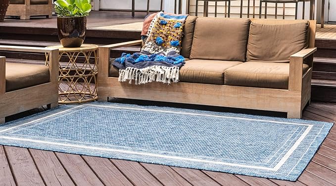 Unique Loom Outdoor Border Collection Area Rug - Soft Border (9' x 12' Rectangle, Blue/ Ivory)