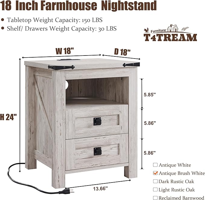 T4TREAM Nightstand with Charging Station, End Table, Side Table with 2 Drawers Storage Cabinet for Bedroom, Living Room, Farmhouse Design, Wood Rustic, Antique Brush White