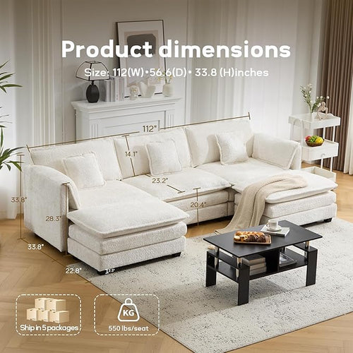 112" U Shaped Modular Sectional Sofa, 3 Seater Comfy Cloud Couch with Movable Ottoman, Deep Seat Couches for Living Room, Bedroom, Apartment (Beige)