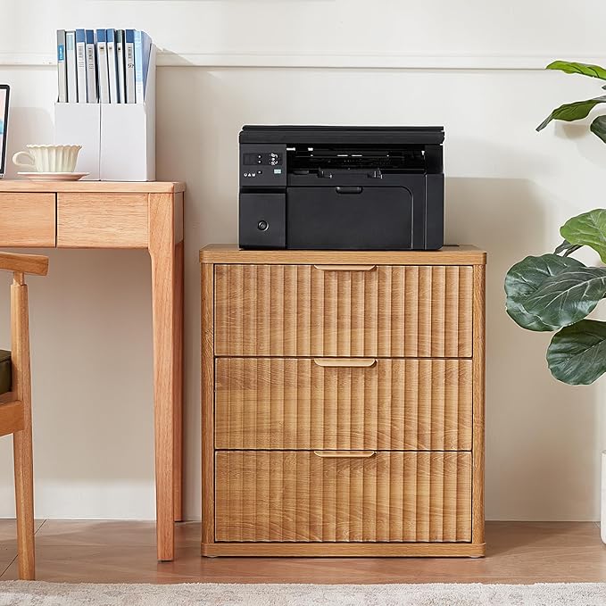 LEYAOYAO Fluted Nightstand with Charging Station, 23" Modern Night Stand with Woodgrain Top, 3 Drawers End Table w/Storage, Bedside Tables for Bedroom, Living Room, Curved Profile Design,Brown