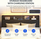 FLEXISPOT BF21Q Adjustable Bed with Storage Headboard and Charging Station, LED Light, Fabric Storage Drawers, Durable and Sturdy, No Box Spring Required, Easy Assembly.